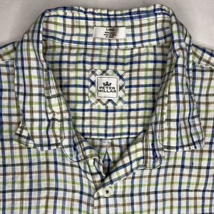 Peter Millar Size Large 100% Linen Short Sleeve Button Up Shirt White Blue Green